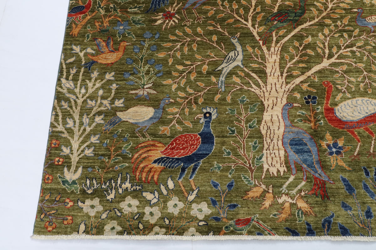 204 x 297 cm | Birds Green Hand Knotted Wool Afghan Carpet