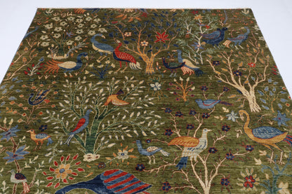 204 x 297 cm | Birds Green Hand Knotted Wool Afghan Carpet