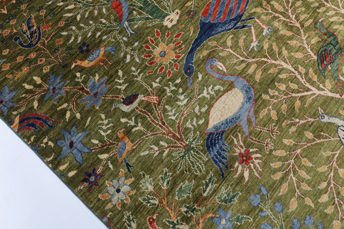 204 x 297 cm | Birds Green Hand Knotted Wool Afghan Carpet