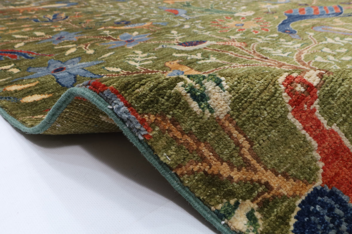 204 x 297 cm | Birds Green Hand Knotted Wool Afghan Carpet
