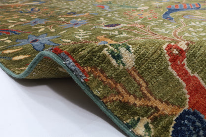 204 x 297 cm | Birds Green Hand Knotted Wool Afghan Carpet
