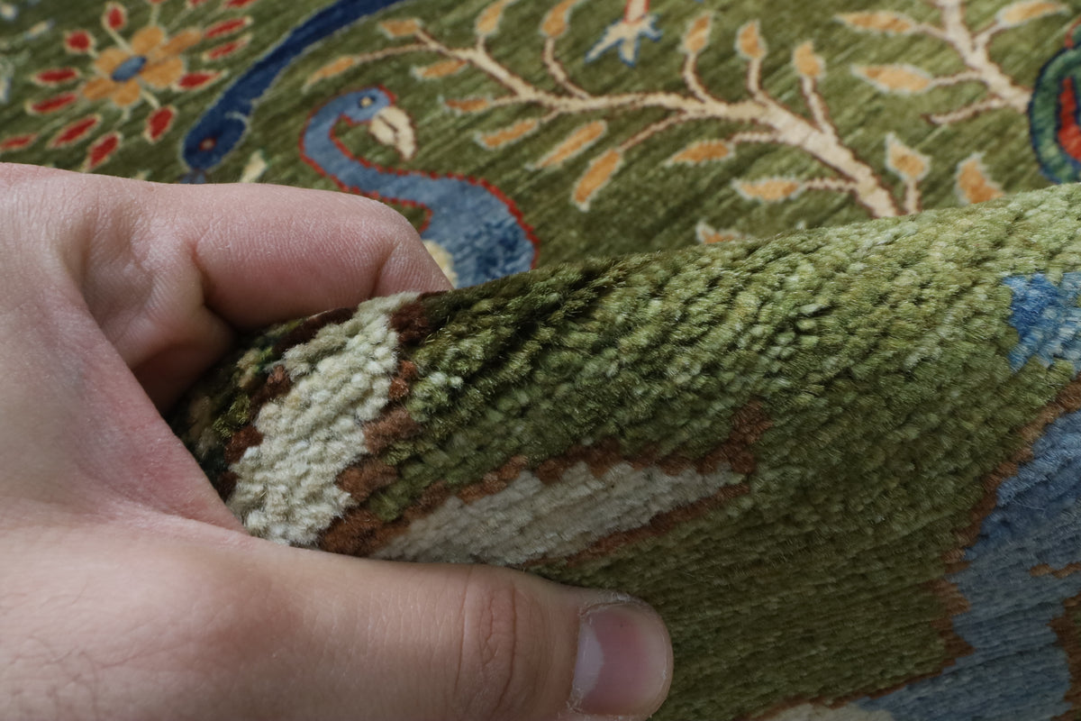 204 x 297 cm | Birds Green Hand Knotted Wool Afghan Carpet