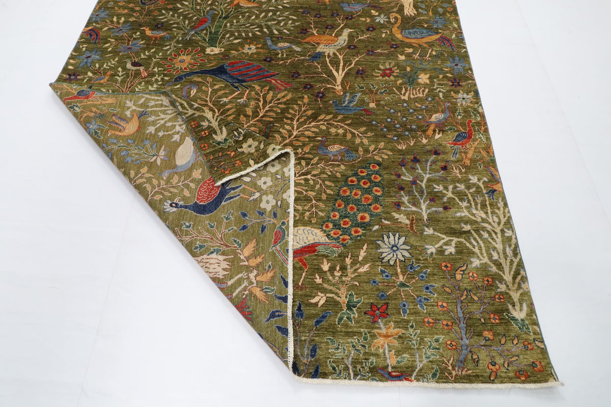 204 x 297 cm | Birds Green Hand Knotted Wool Afghan Carpet