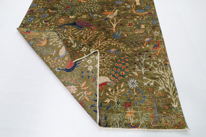 204 x 297 cm | Birds Green Hand Knotted Wool Afghan Carpet
