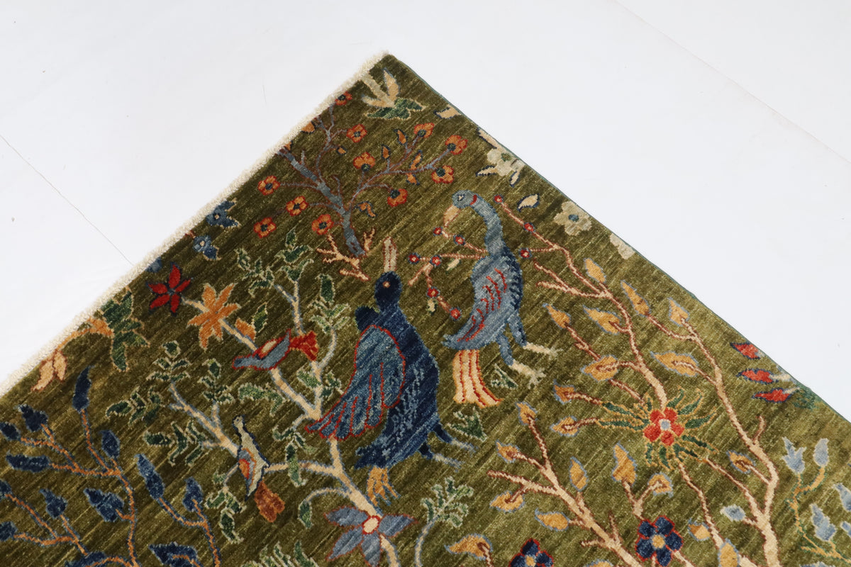 204 x 297 cm | Birds Green Hand Knotted Wool Afghan Carpet