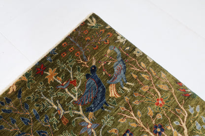 204 x 297 cm | Birds Green Hand Knotted Wool Afghan Carpet