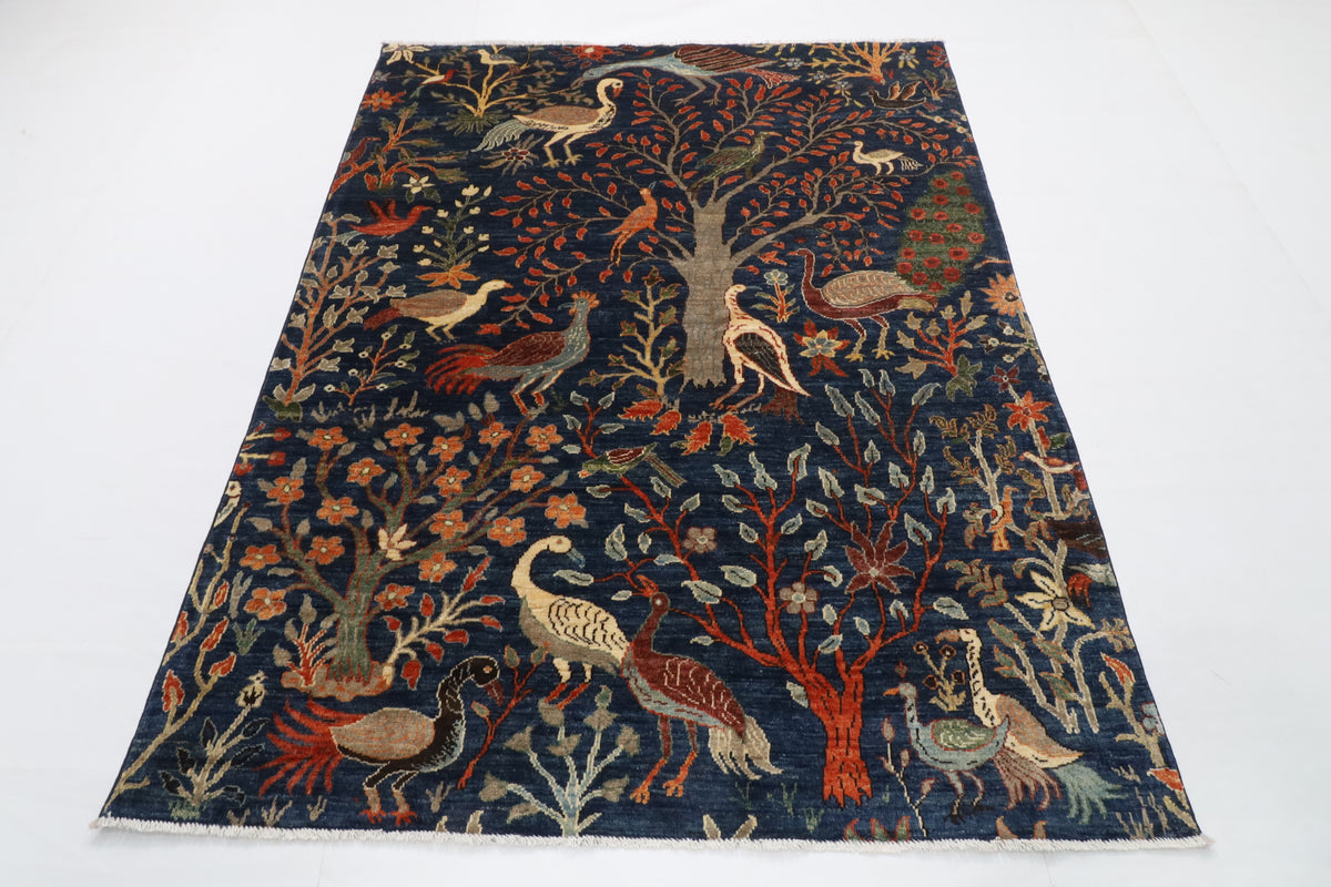 153 x 200 cm | Birds Blue Hand Knotted Wool Afghan Carpet