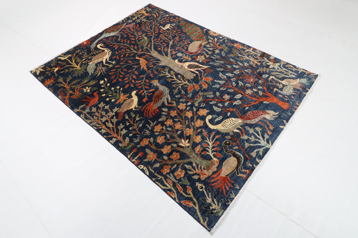 153 x 200 cm | Birds Blue Hand Knotted Wool Afghan Carpet