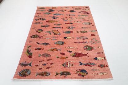 157 x 208 cm | Fish Pink Hand Knotted Wool Afghan Carpet