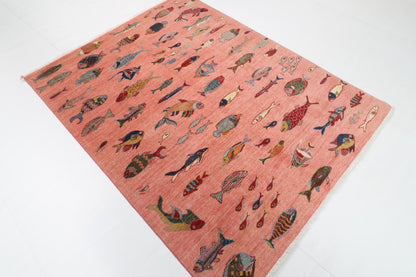 157 x 208 cm | Fish Pink Hand Knotted Wool Afghan Carpet