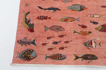 157 x 208 cm | Fish Pink Hand Knotted Wool Afghan Carpet