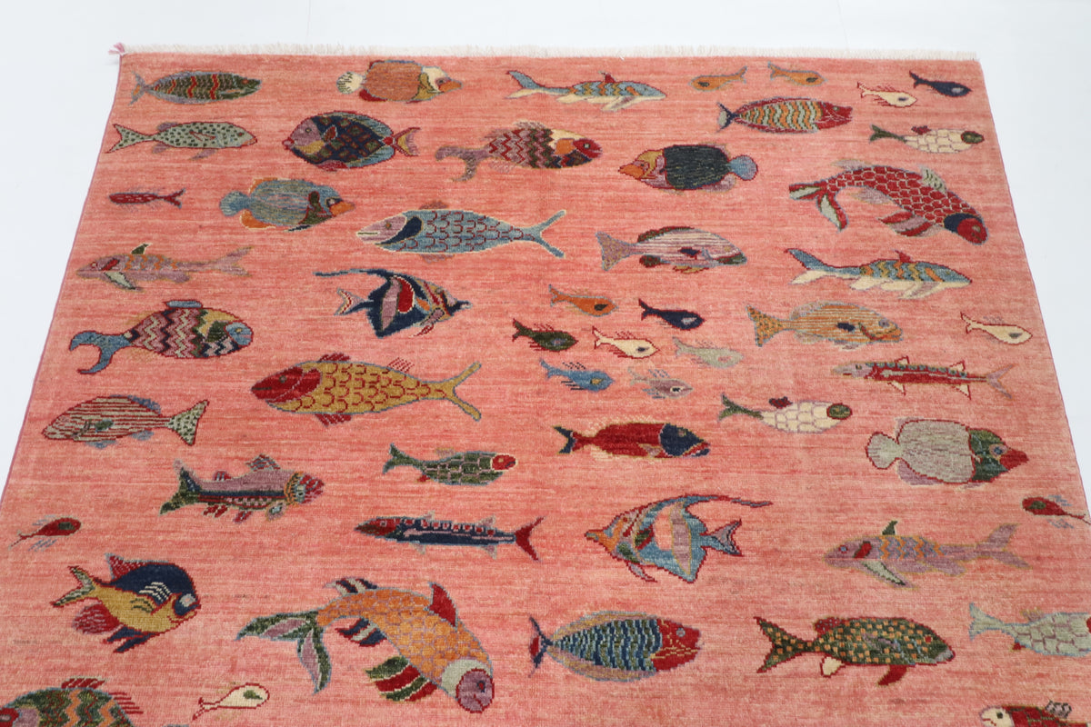 157 x 208 cm | Fish Pink Hand Knotted Wool Afghan Carpet
