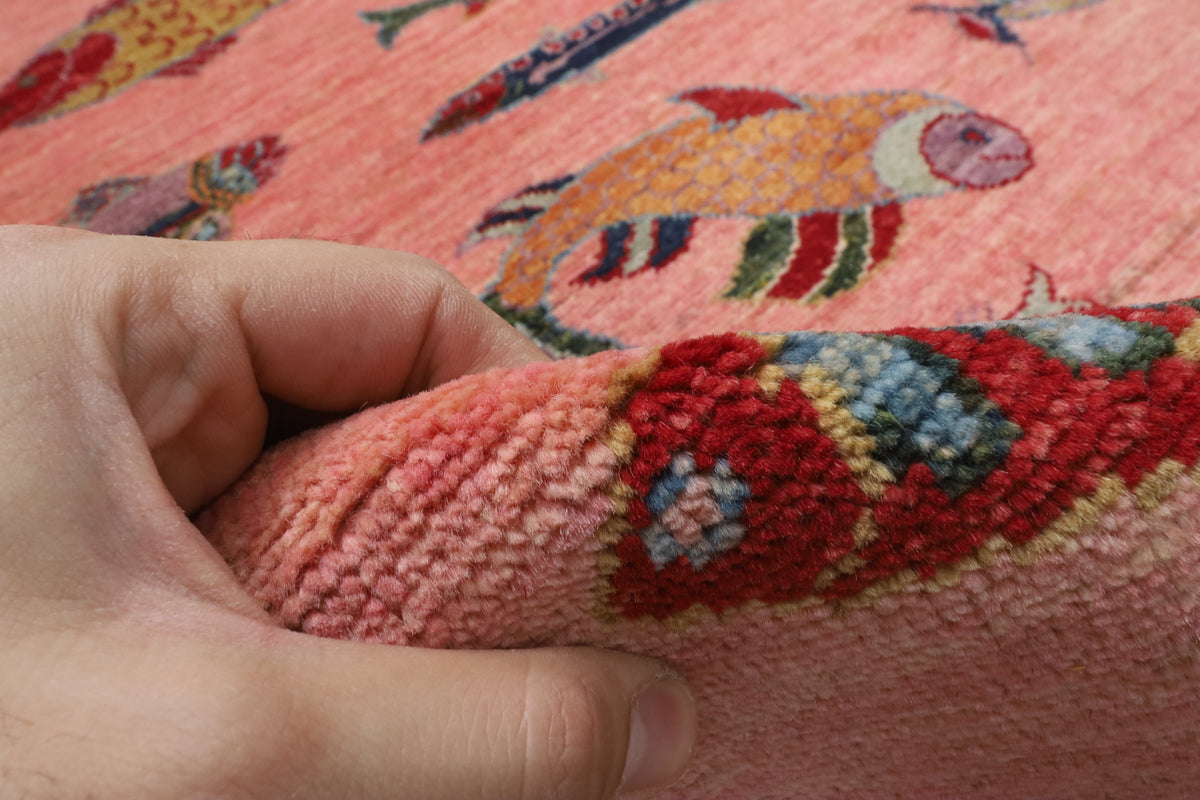 157 x 208 cm | Fish Pink Hand Knotted Wool Afghan Carpet