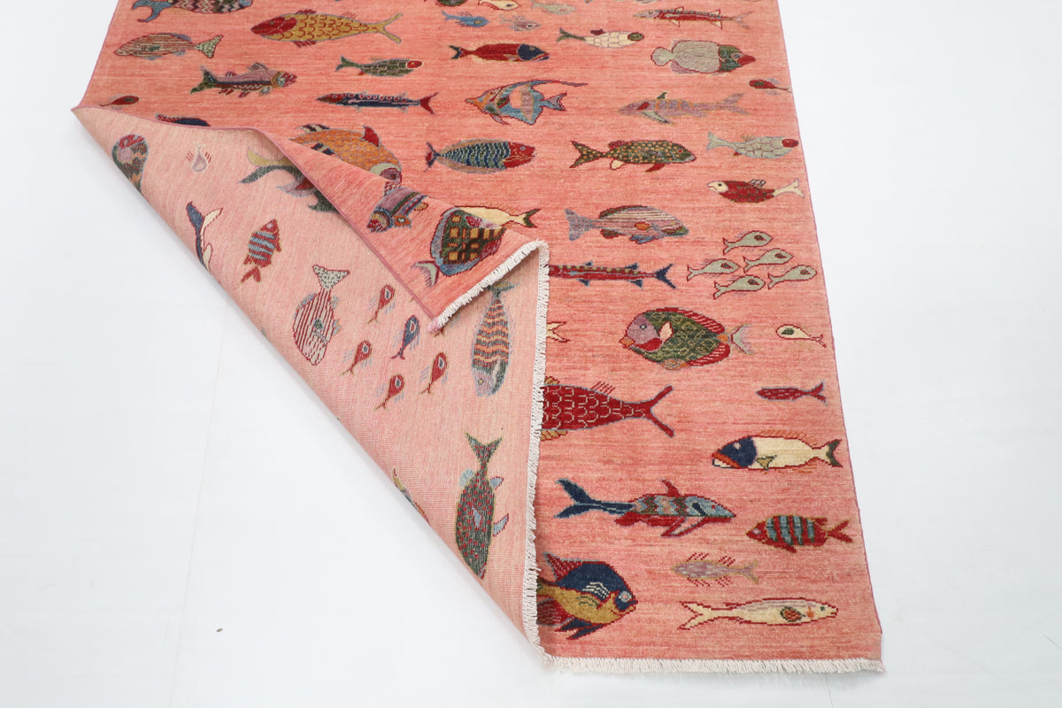 157 x 208 cm | Fish Pink Hand Knotted Wool Afghan Carpet