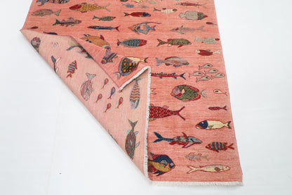 157 x 208 cm | Fish Pink Hand Knotted Wool Afghan Carpet