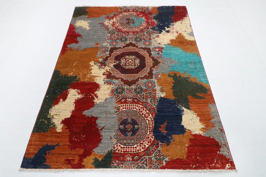 151 x 200 cm | Mamluk Abstract Hand Knotted Wool Afghan Carpet