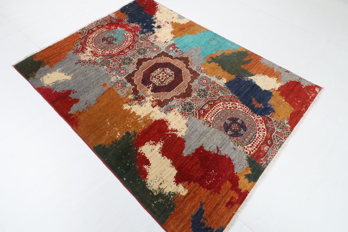 151 x 200 cm | Mamluk Abstract Hand Knotted Wool Afghan Carpet