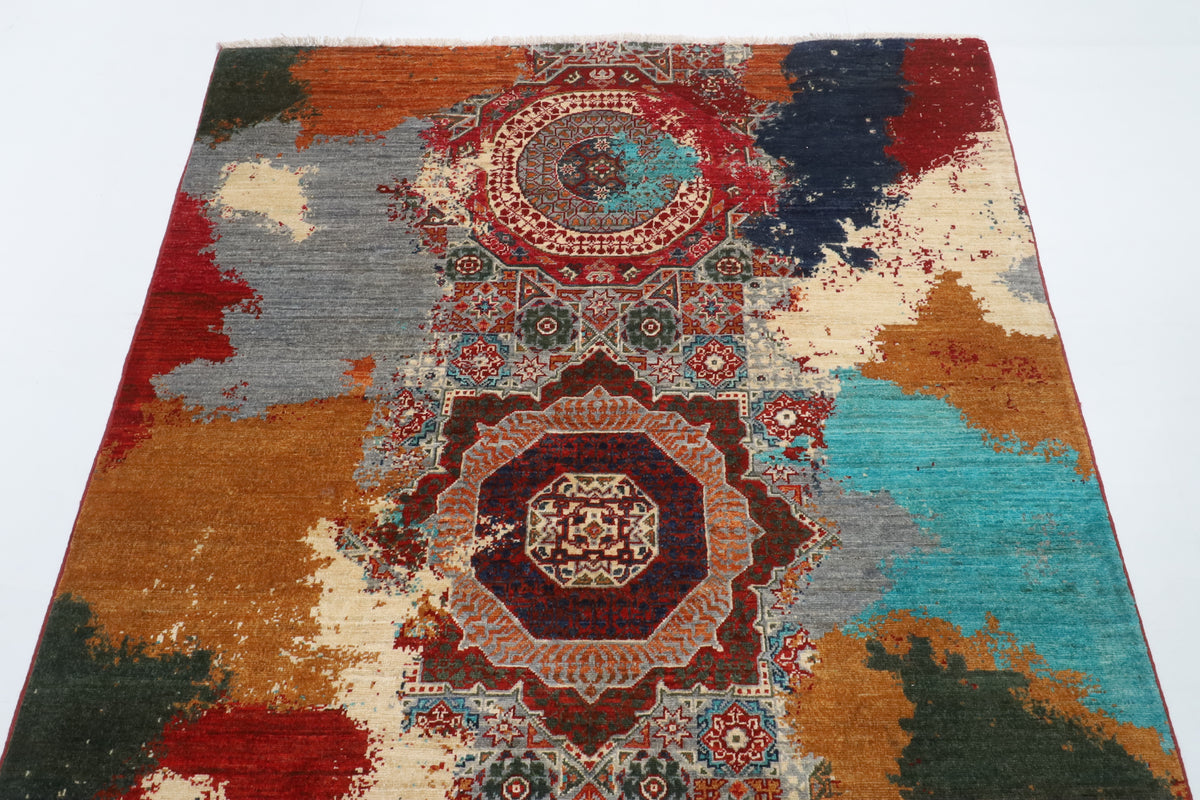 151 x 200 cm | Mamluk Abstract Hand Knotted Wool Afghan Carpet