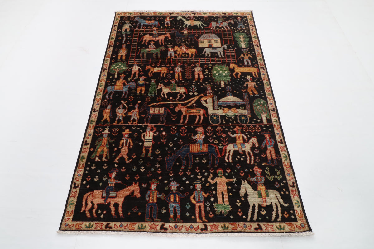123 x 182 cm | Animal print Black Hand Knotted Wool Afghan Carpet