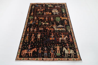 123 x 182 cm | Animal print Black Hand Knotted Wool Afghan Carpet