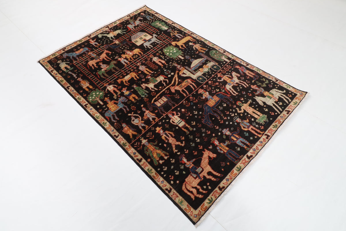 123 x 182 cm | Animal print Black Hand Knotted Wool Afghan Carpet