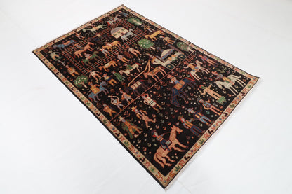 123 x 182 cm | Animal print Black Hand Knotted Wool Afghan Carpet