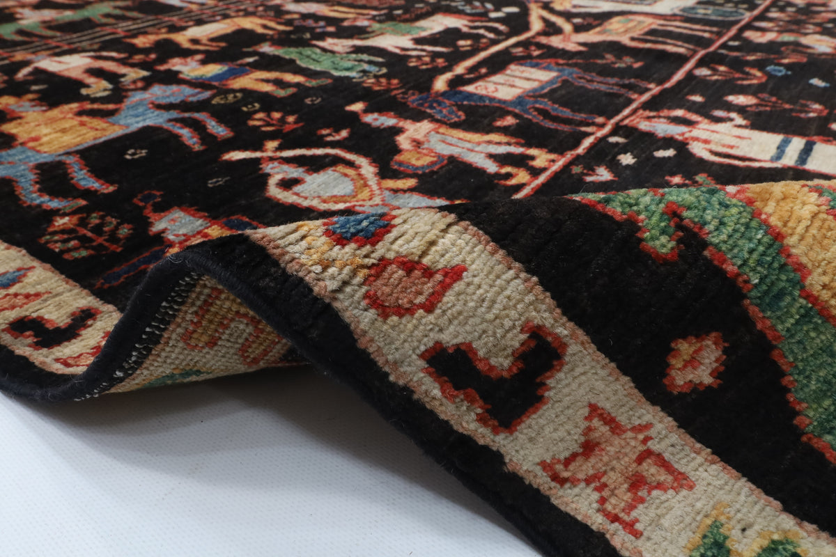123 x 182 cm | Animal print Black Hand Knotted Wool Afghan Carpet