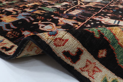 123 x 182 cm | Animal print Black Hand Knotted Wool Afghan Carpet
