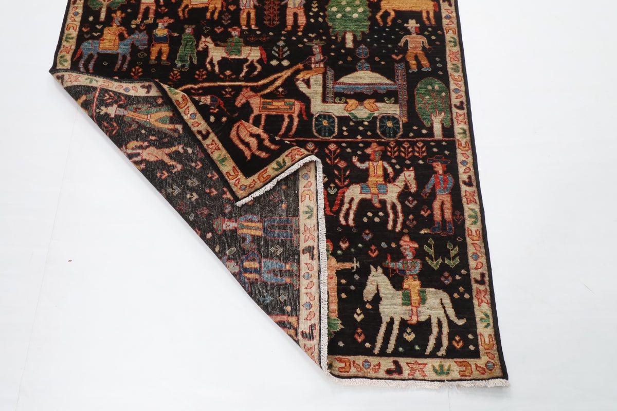 123 x 182 cm | Animal print Black Hand Knotted Wool Afghan Carpet