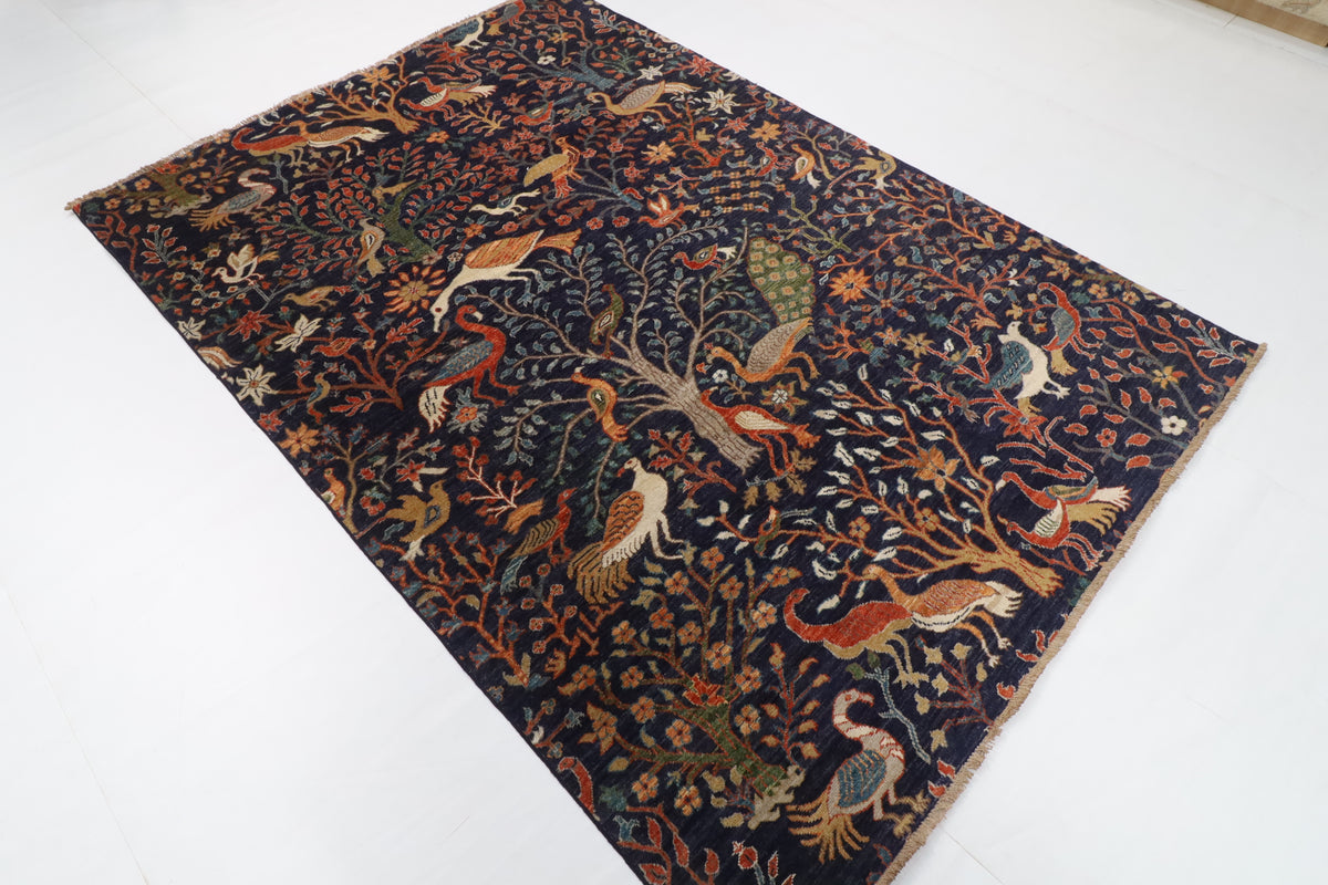 170 x 237 cm | Birds Blue Hand Knotted Wool Afghan Carpet