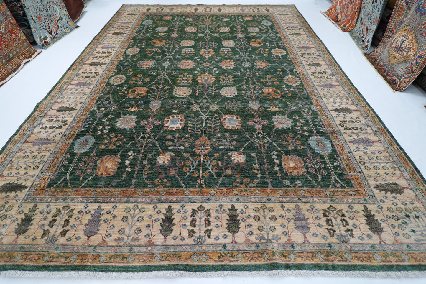 306 x 418 cm | Bidjar Floral green Area Rug Afghan Hand Knotted veg Dye Wool carpet