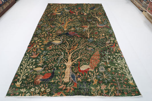 202 x 297 cm | Birds Green Hand Knotted Wool Afghan Carpet