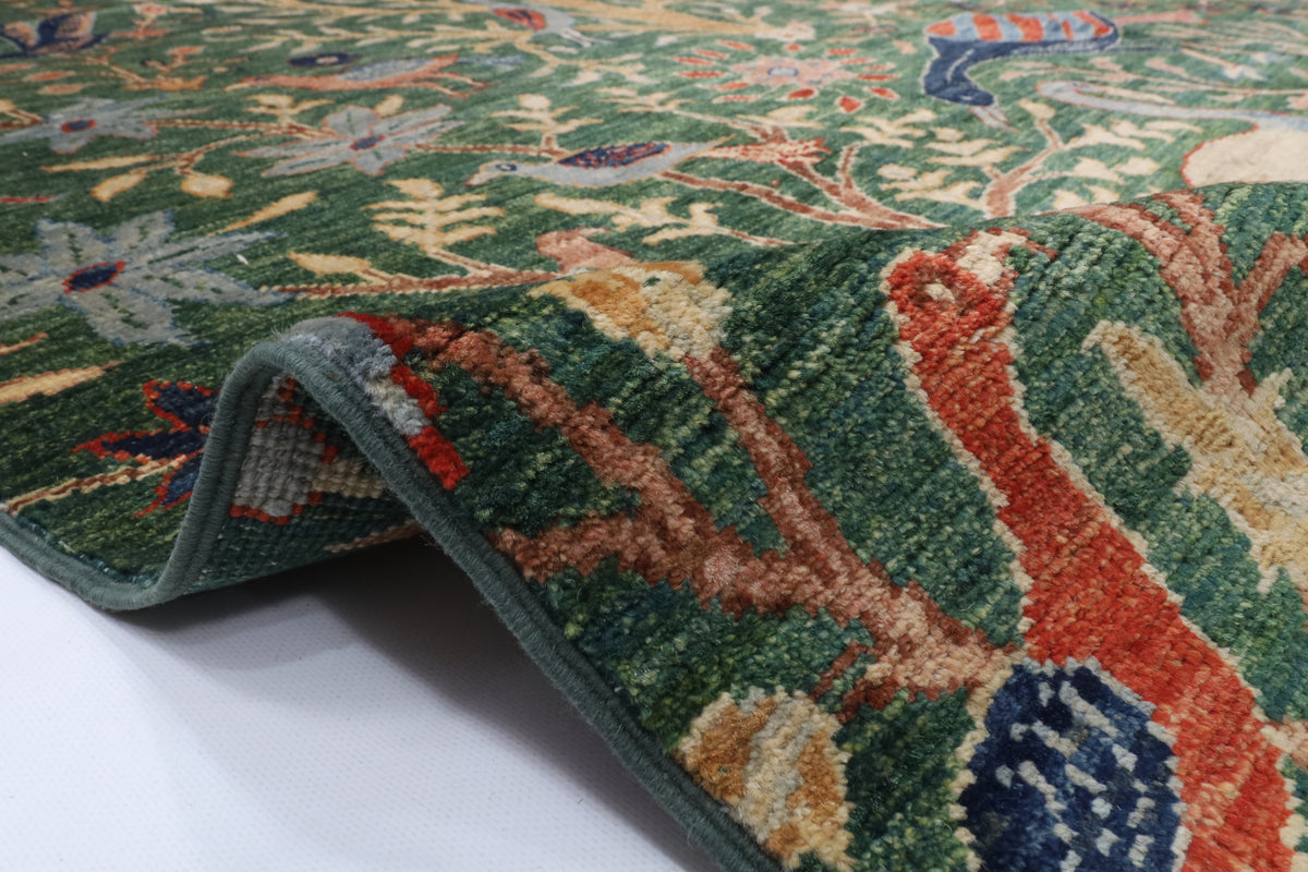 202 x 297 cm | Birds Green Hand Knotted Wool Afghan Carpet