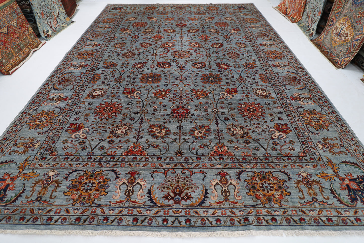 311 x 423 cm | Floral Gray Area Rug Afghan Hand Knotted veg Dye Wool carpet