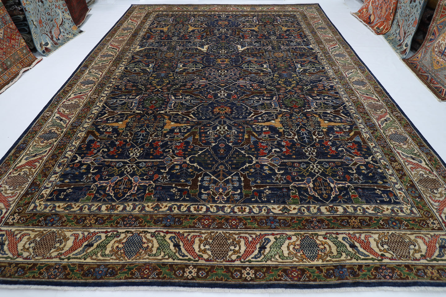 306x 421 cm | Floral bidjar blue Area Rug Afghan Hand Knotted veg Dye Wool carpet