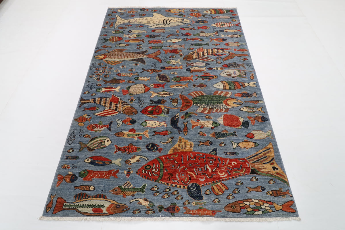 148 x 211 cm | Fish Blue Hand Knotted Wool Afghan Carpet