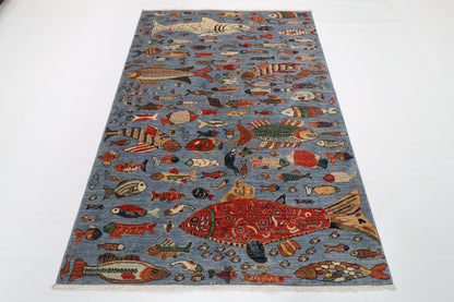 148 x 211 cm | Fish Blue Hand Knotted Wool Afghan Carpet