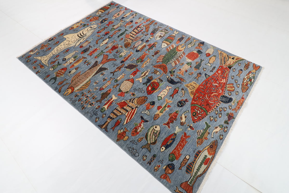 148 x 211 cm | Fish Blue Hand Knotted Wool Afghan Carpet