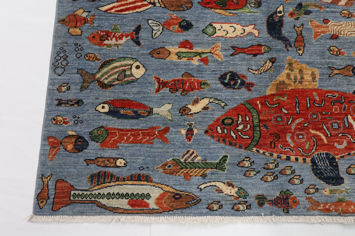 148 x 211 cm | Fish Blue Hand Knotted Wool Afghan Carpet