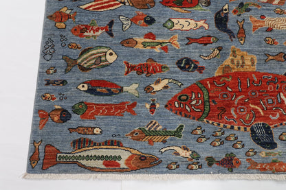 148 x 211 cm | Fish Blue Hand Knotted Wool Afghan Carpet