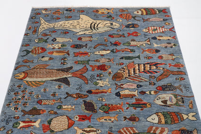 148 x 211 cm | Fish Blue Hand Knotted Wool Afghan Carpet