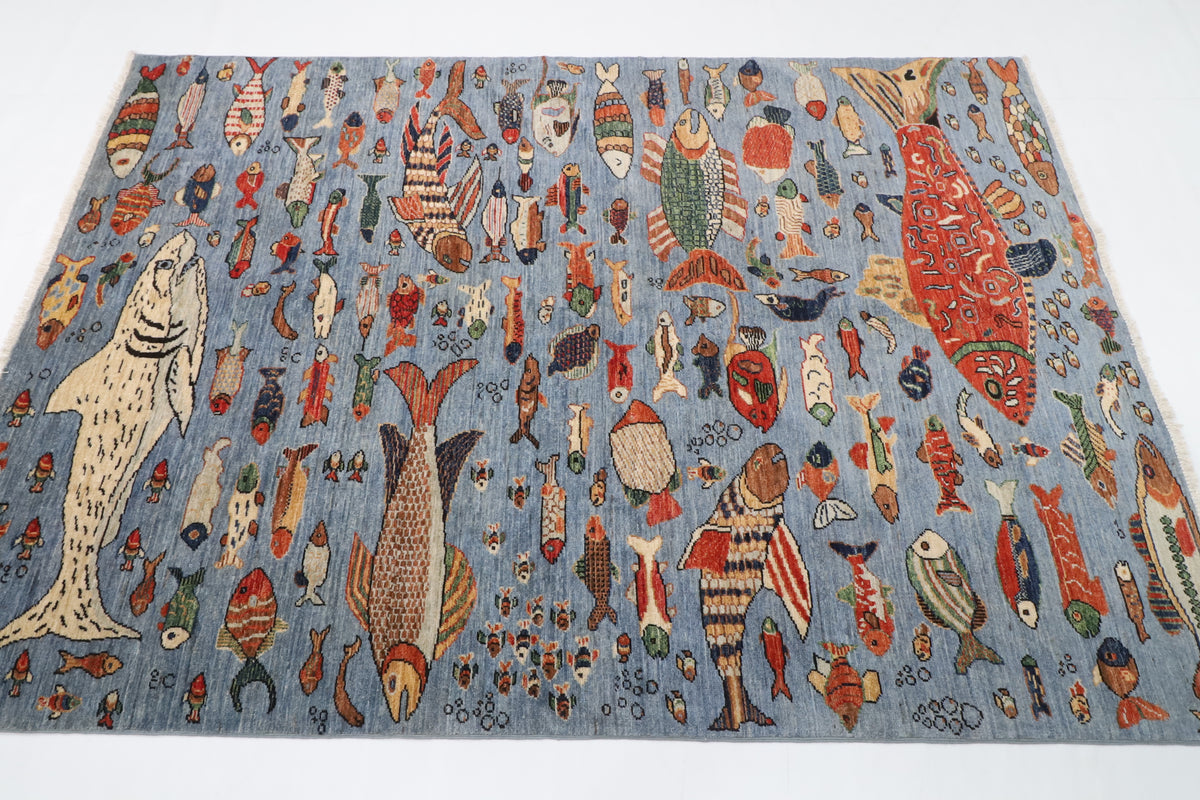 148 x 211 cm | Fish Blue Hand Knotted Wool Afghan Carpet