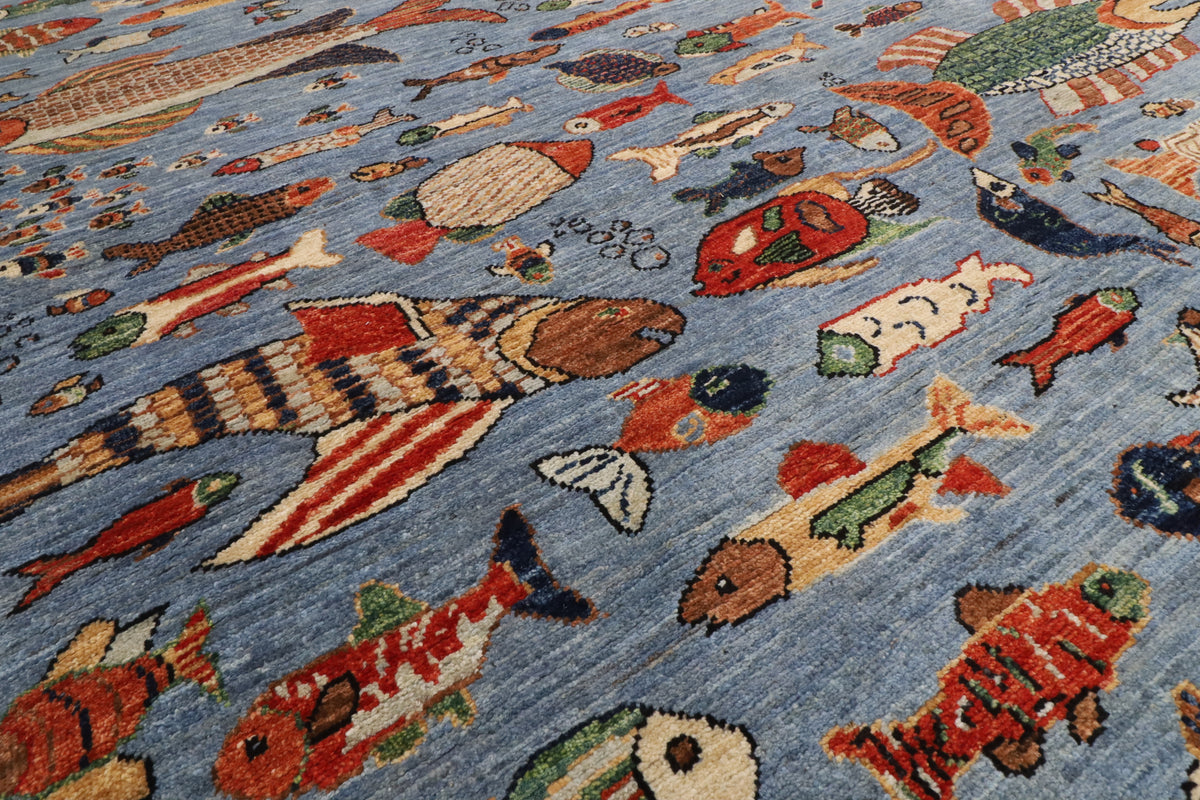 148 x 211 cm | Fish Blue Hand Knotted Wool Afghan Carpet