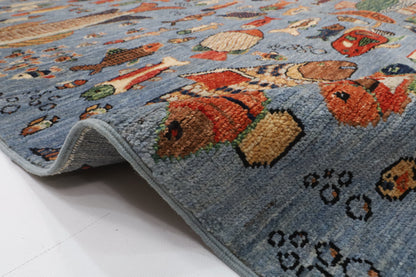 148 x 211 cm | Fish Blue Hand Knotted Wool Afghan Carpet