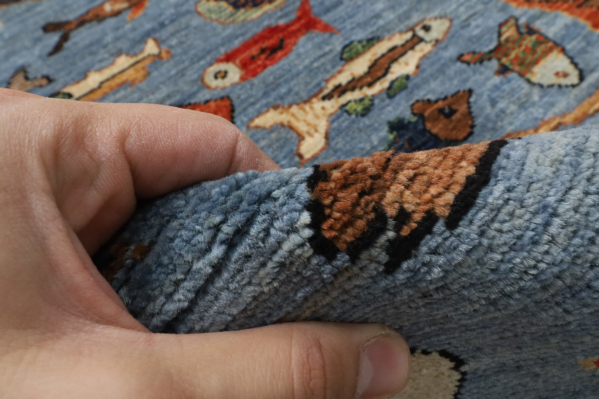 148 x 211 cm | Fish Blue Hand Knotted Wool Afghan Carpet
