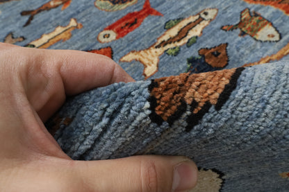 148 x 211 cm | Fish Blue Hand Knotted Wool Afghan Carpet