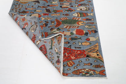 148 x 211 cm | Fish Blue Hand Knotted Wool Afghan Carpet