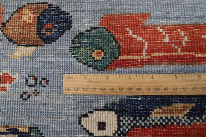 148 x 211 cm | Fish Blue Hand Knotted Wool Afghan Carpet