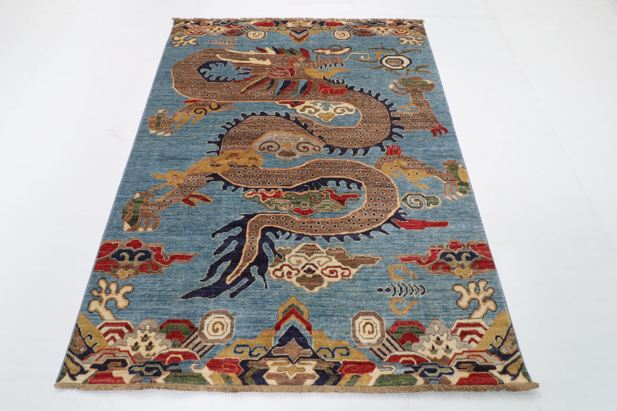 155 x 198 cm | Dragon Blue Hand Knotted Wool Afghan Carpet
