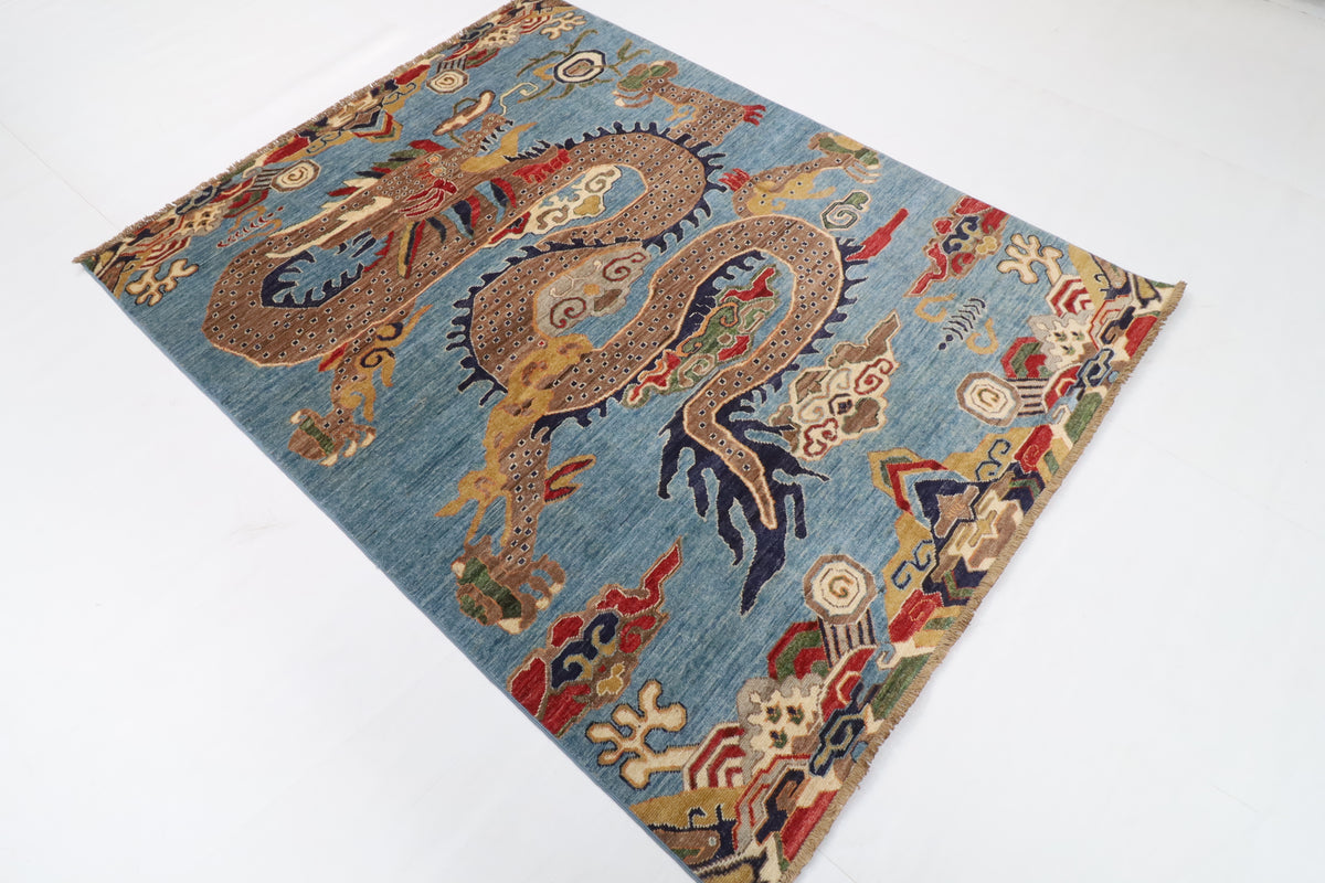 155 x 198 cm | Dragon Blue Hand Knotted Wool Afghan Carpet